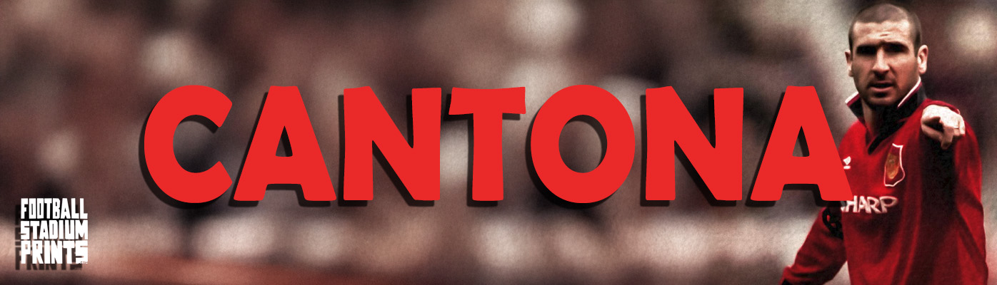 Eric Cantona category banner for Football Stadium Prints featuring an iconic illustration of the King in a Manchester red kit with his collar turned up.