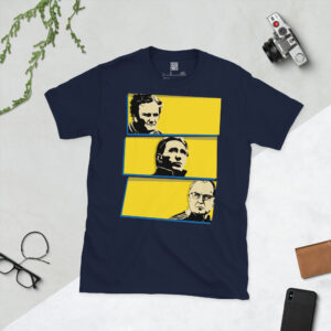 A navy T-shirt displaying a stylised illustration of the "Holy Trinity" of Leeds United managers: Revie, Wilkinson, and Bielsa.