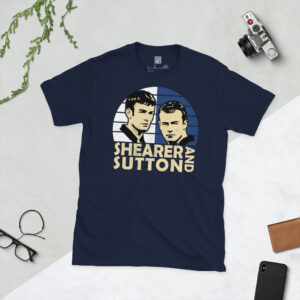 A navy T-shirt with an artistic portrait of Blackburn legends Shearer and Sutton, with the text "SHEARER AND SUTTON" printed below.