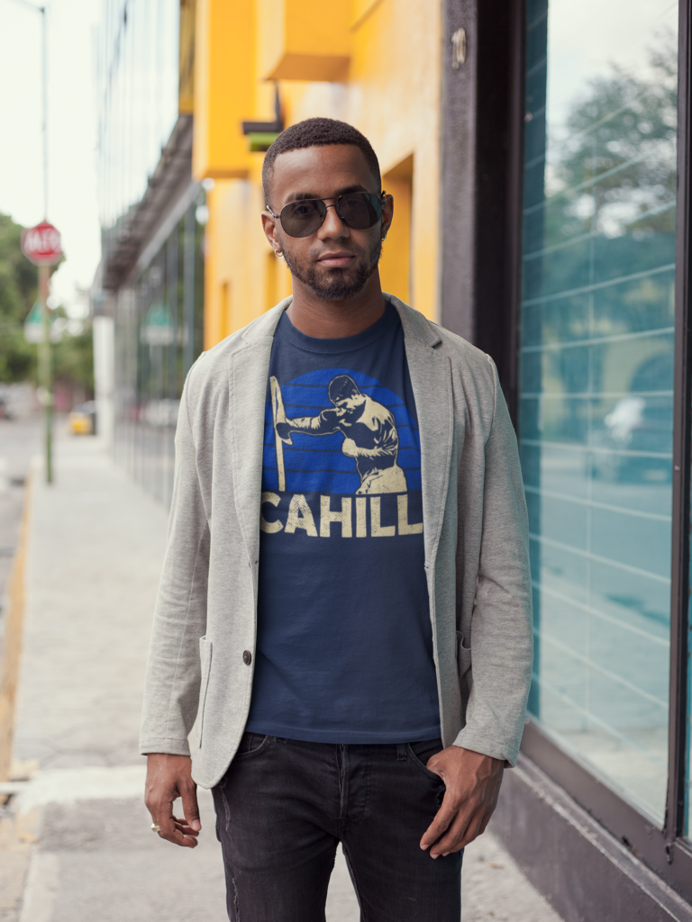 Blue Everton t-shirt featuring Tim Cahill punching the corner flag celebration.