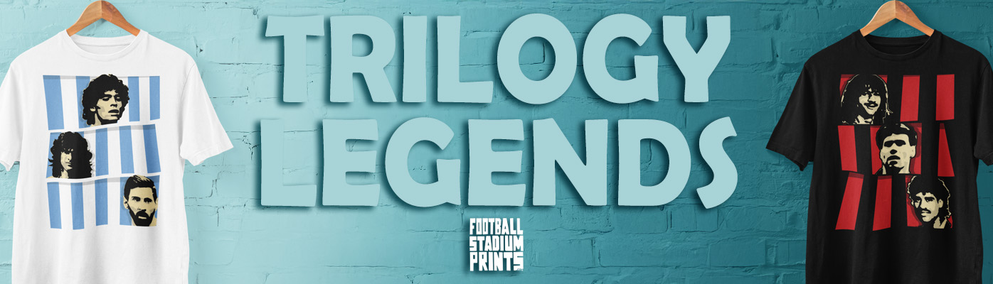 Football Stadium Prints Trilogy category banner showcasing a t-shirt design of iconic player trios and bold yellow text.