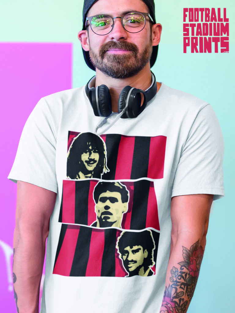 AC Milan Dutch Masters t-shirt featuring Gullit, Rijkaard, and van Basten fan apparel.
