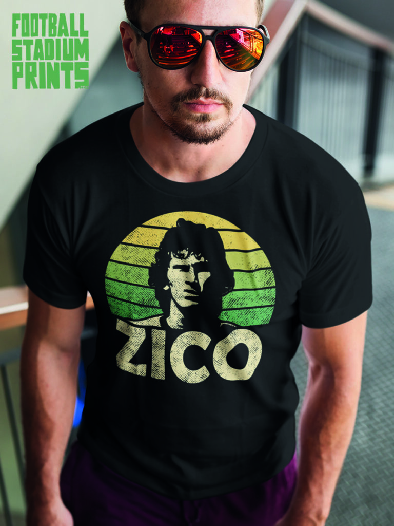 Retro Zico Brazil football legend t-shirt in black with vintage graphic design.