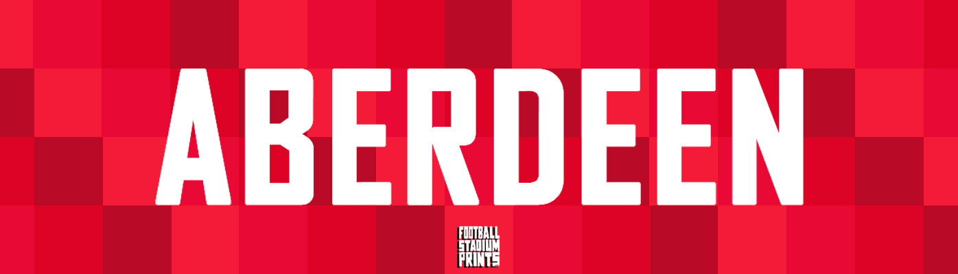 Aberdeen FC t-shirt and stadium print category banner with iconic red club colors and global shipping availability.