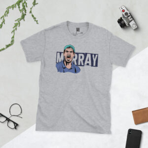 A sports grey T-shirt with a bold graphic of the "Pride of Dunblane" Andy Murray during an iconic celebratory moment.
