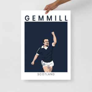 A minimalist football art print of Archie Gemmill celebrating his famous goal against the Netherlands at the 1978 World Cup, set against a dark navy background with bold white text.