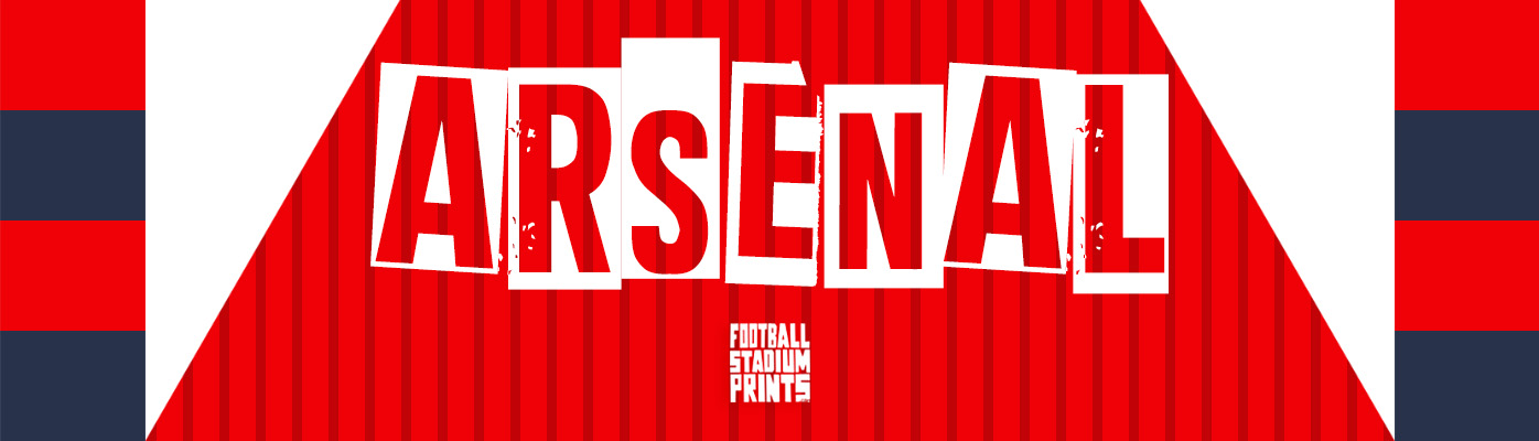 Arsenal FC t-shirt and stadium print category banner with club-themed graphic design and global shipping availability.