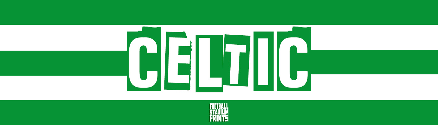 Celtic FC t-shirt and stadium print category banner with iconic green and white hoop graphic design and global shipping availability.