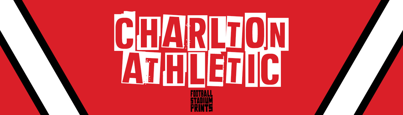 Charlton Athletic t-shirt and stadium print category banner with iconic red and white club colors and global shipping availability.