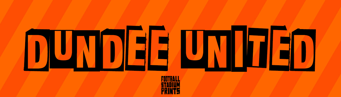 Dundee United t-shirt and stadium print category banner with iconic tangerine club colors and global shipping availability.