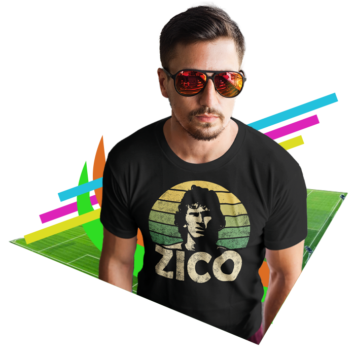 A man in sunglasses wearing a black t-shirt featuring Brazilian footballer Zico