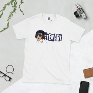 A clean white T-shirt with a high-definition print of Jackie Stewart and his signature sunglasses, celebrating the legacy of "The Flying Scot".
