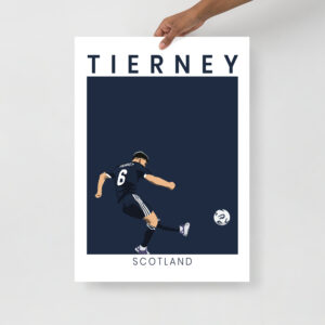 A minimalist football art print of Kieran Tierney striking the ball for Scotland during the 4-2 victory over Denmark at Hampden Park.