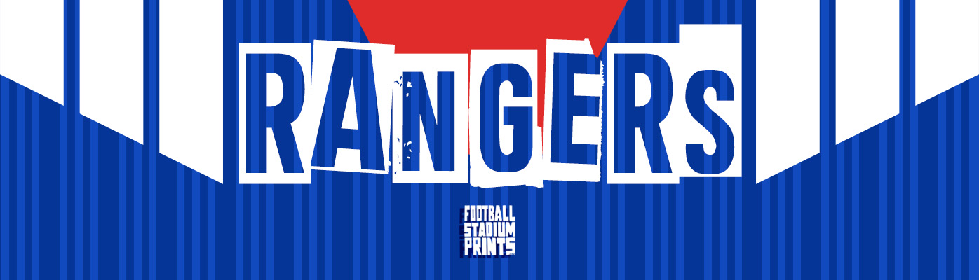 Rangers FC t-shirt and stadium print category banner with club-themed graphic design and global shipping availability.
