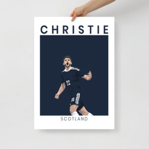 A minimalist football art print celebrating Ryan Christie’s iconic goal for Scotland against Serbia, featuring a navy background with white "CHRISTIE" and "SCOTLAND" typography.