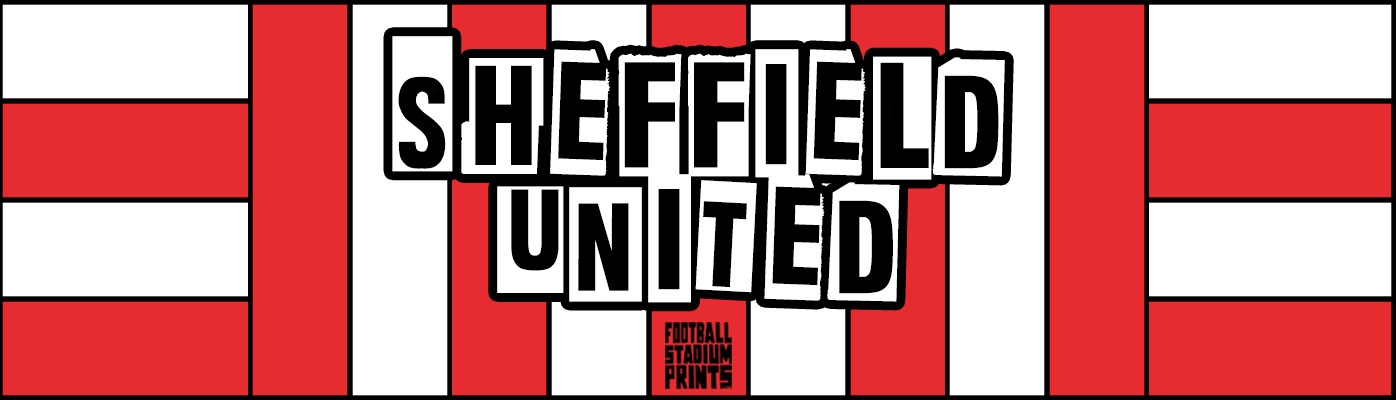 A banner with the words "SHEFFIELD UNITED" in bold black and white block lettering, set against a background of vertical red and white stripes.