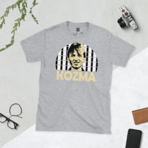 A sports grey T-shirt with a bold black and white sunburst design of Istvan Kozma, titled with his name in a vintage block font.