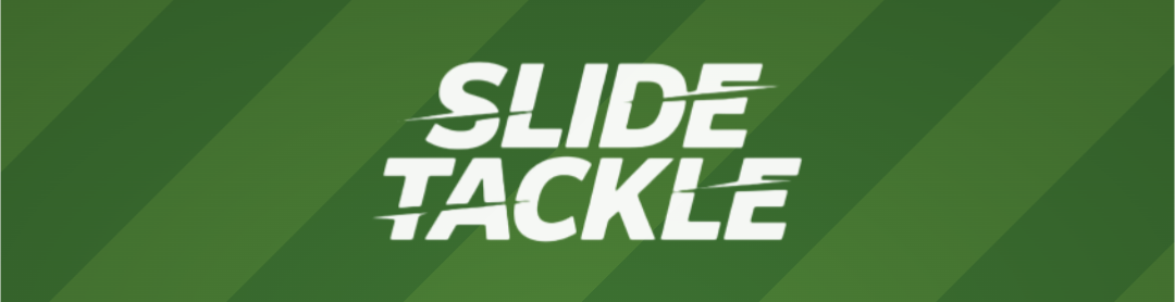 Slide Tackle: Match Day logo on a green pitch-style striped background