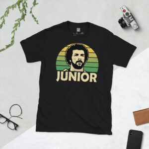 A premium black T-shirt featuring a distressed green and yellow sunburst graphic of Brazil legend Leo Júnior with "JÚNIOR" in bold text.