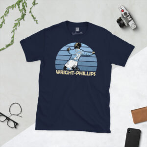 A navy blue T-shirt showcasing a high-contrast illustration of Shaun Wright-Phillips celebrating in his number 29 City shirt against a blue sunburst backdrop.