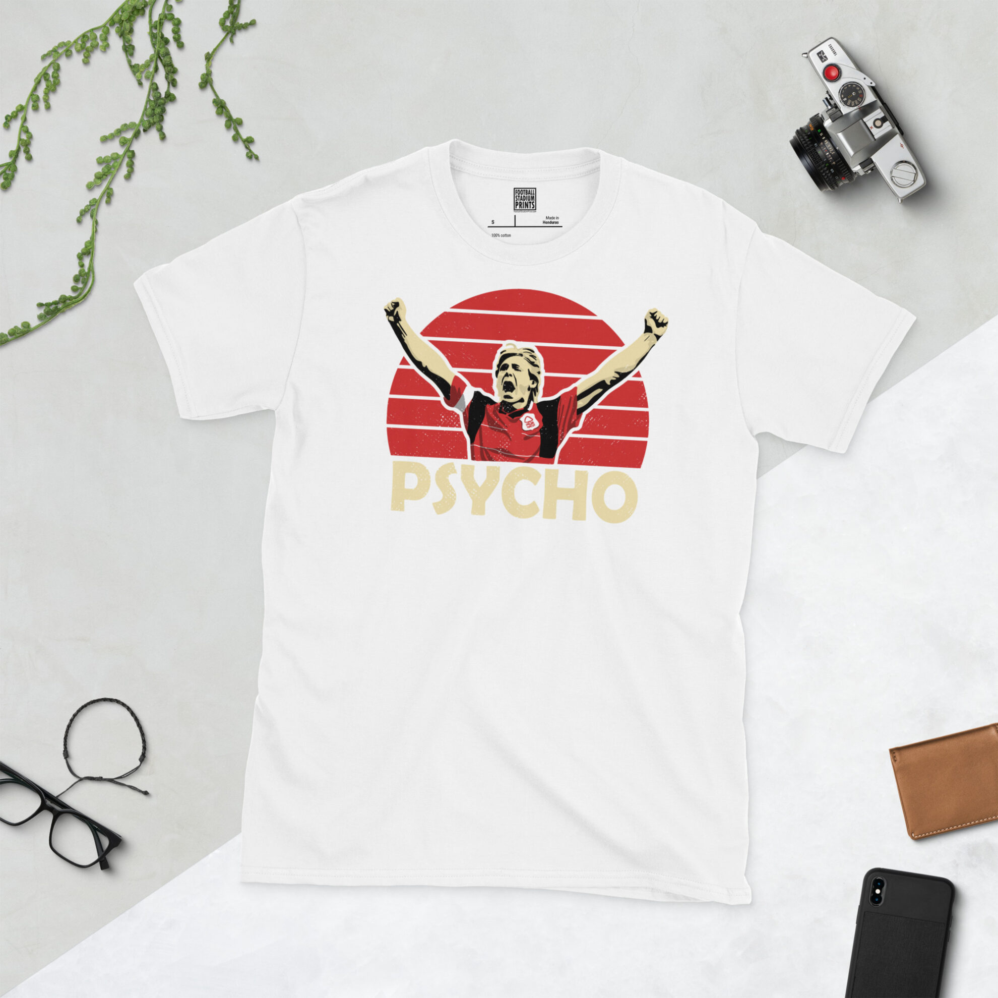 A clean white T-shirt featuring a high-definition distressed print of Nottingham Forest hero Stuart Pearce, a tribute to the ultimate club captain.