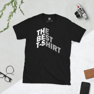 A black t-shirt with Bold white and gray text reading THE BEST T-SHIRT folded around a 3D isometric corner against a black background