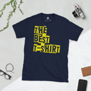 Front view of a navy crew neck graphic tee printed with 'The Best T-Shirt' in bold typography.