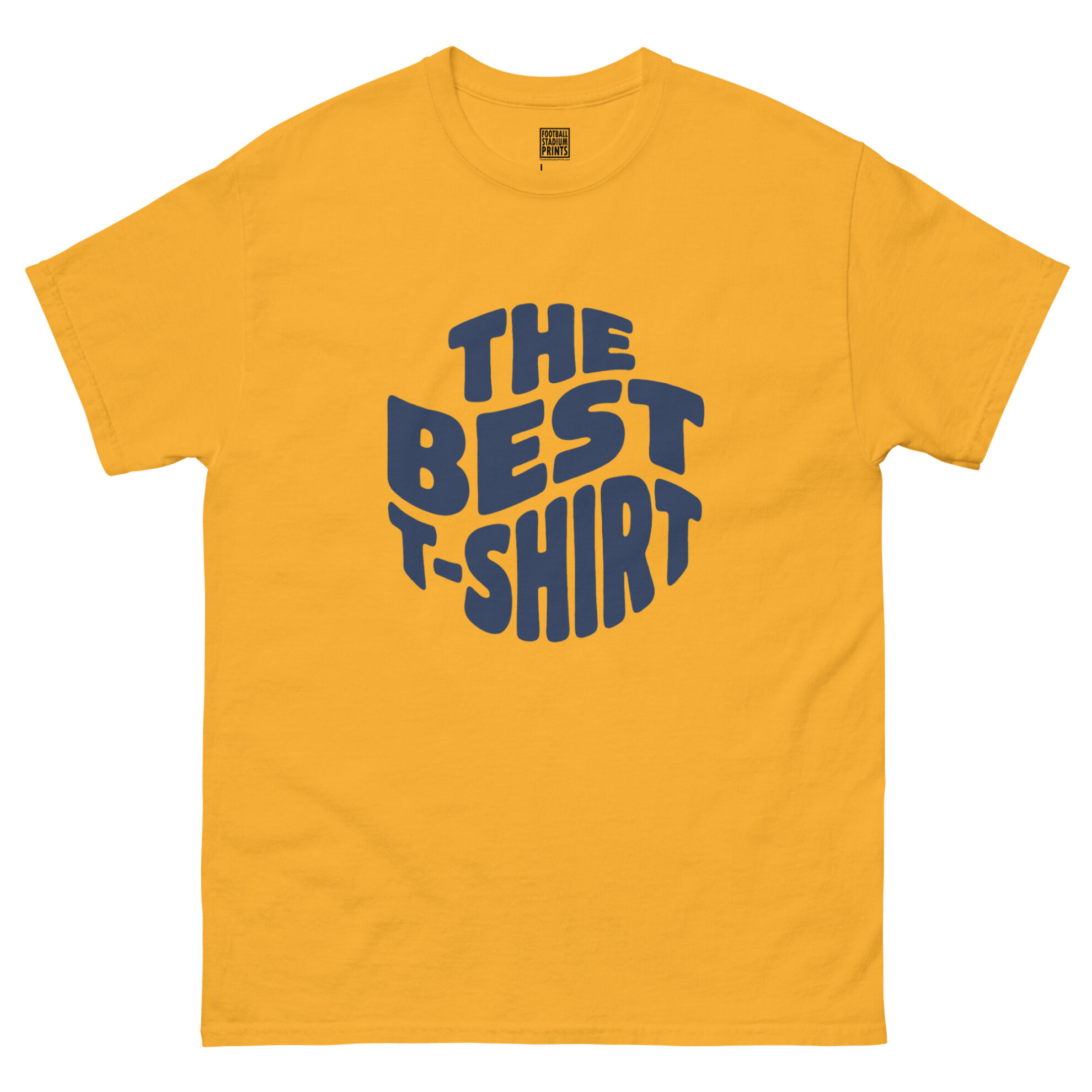 Front view of gold t-shirt printed with retro wavy navy blue text reading The Best T-Shirt