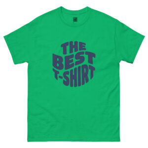 Front view of irish cream t-shirt printed with retro wavy navy blue text reading The Best T-Shirt