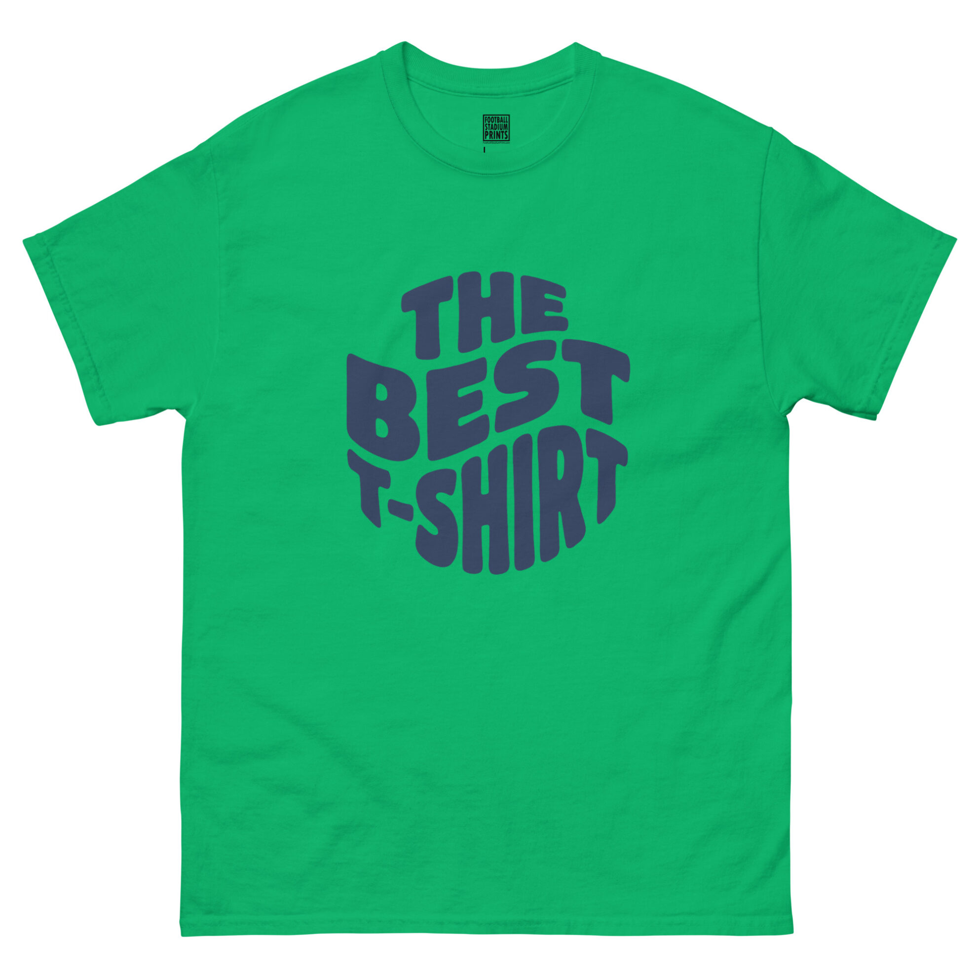 Front view of irish cream t-shirt printed with retro wavy navy blue text reading The Best T-Shirt