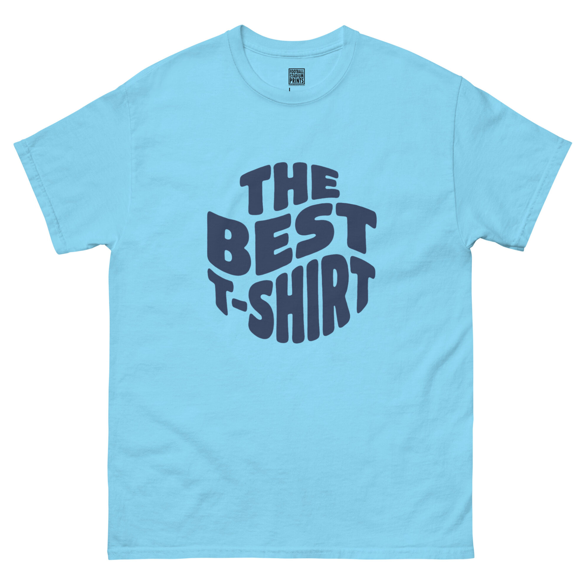 Front view of sky blue t-shirt printed with retro wavy navy blue text reading The Best T-Shirt