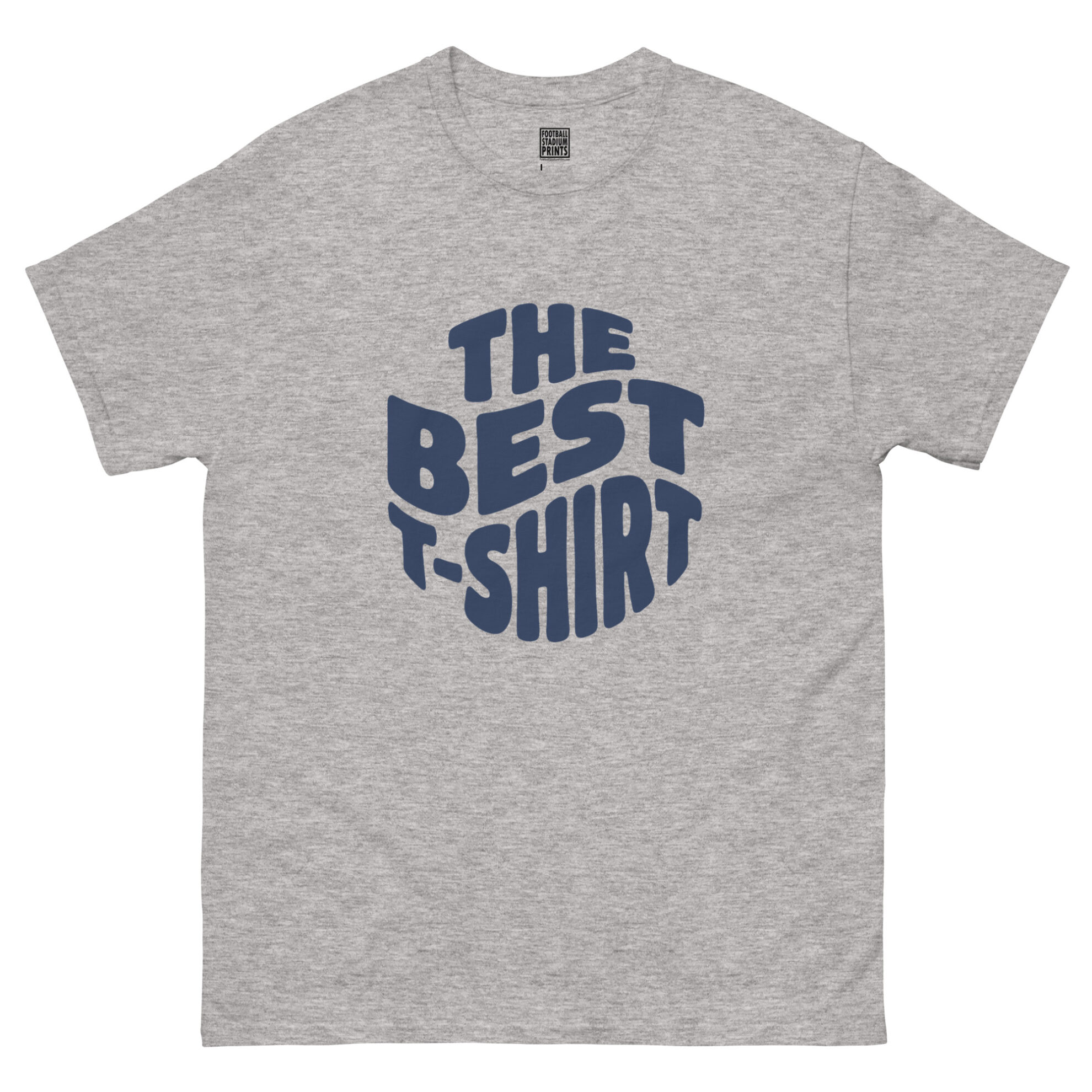 Front view of sports grey t-shirt printed with retro wavy navy blue text reading The Best T-Shirt