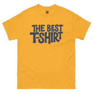 A gold Chunky steel blue hand-drawn block text reading THE BEST T-SHIRT in a stacked typographic layout