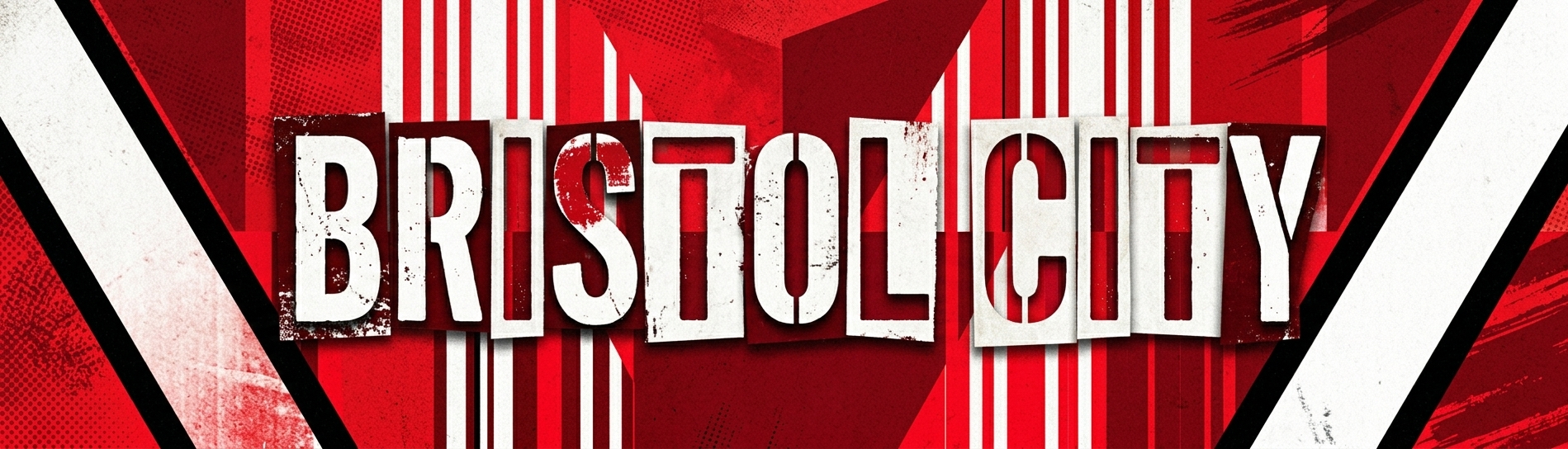 Bristol City FC website category banner for Football Stadium Prints featuring 'BRISTOL CITY' in white paper-cut distressed block letters over a vibrant red and white patterned background with Ashton Gate-inspired stripes.