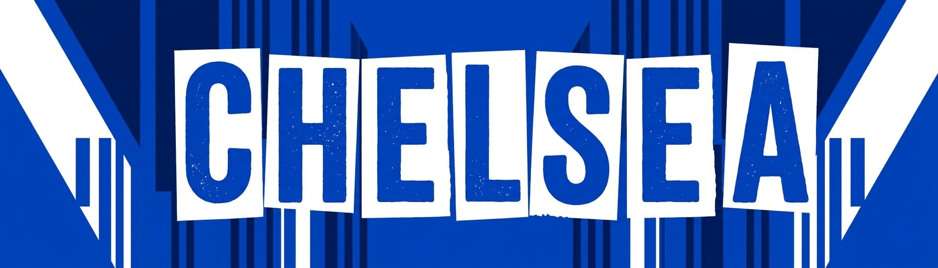 Chelsea FC website category banner for Football Stadium Prints, featuring 'CHELSEA' in a distressed white font overlaying a dark and royal blue graphic pattern with stadium strip graphics.