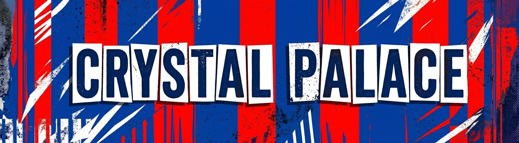 Crystal Palace FC website category banner for Football Stadium Prints featuring 'CRYSTAL PALACE' in blue-on-white paper-cut distressed block letters over a vibrant red and blue patterned background with Selhurst Park-inspired stripes.