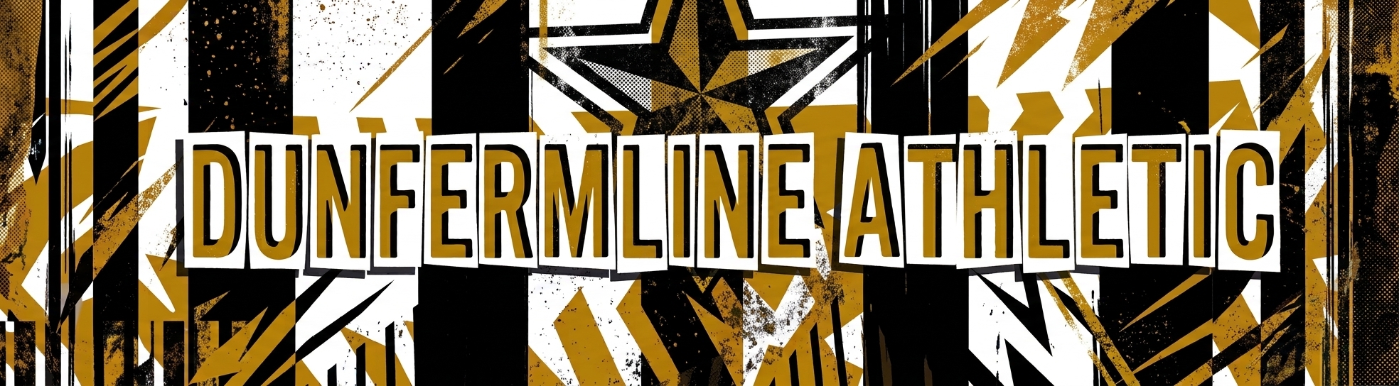Dunfermline Athletic FC web banner in black, white, and gold, featuring the text 'DUNFERMLINE ATHLETIC' in a bold, distressed zine-style font against a gritty geometric collage backdrop.