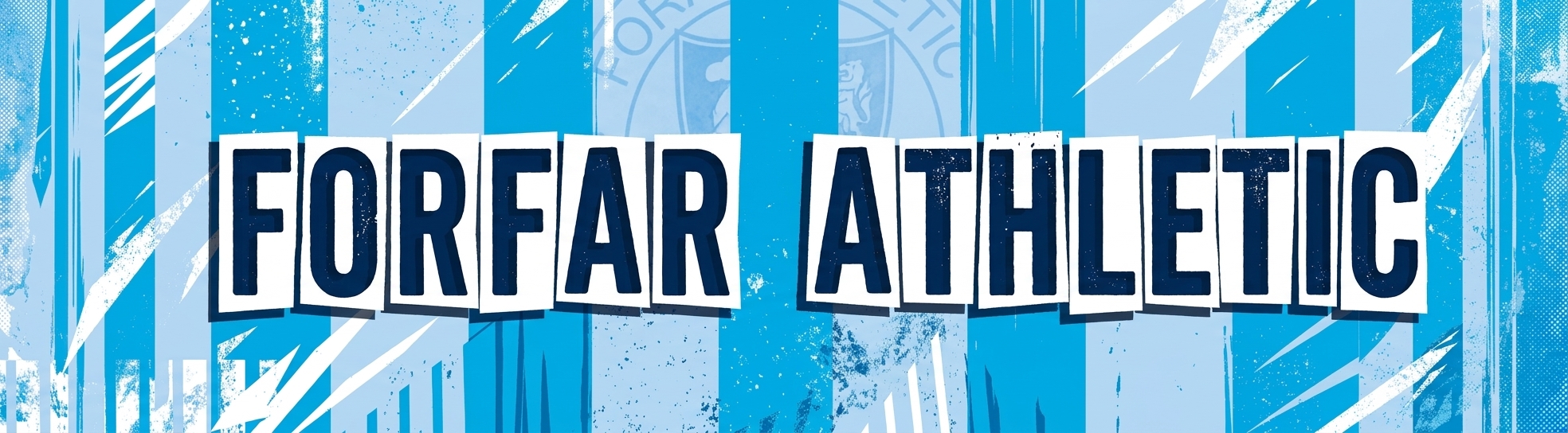 Forfar Athletic FC website category banner in a distressed zine style, featuring the specific light sky blue and light blue textures from image_6.png with integrated heraldic watermarks, and 'FORFAR ATHLETIC' in large, white, distressed paper-cut block letters.