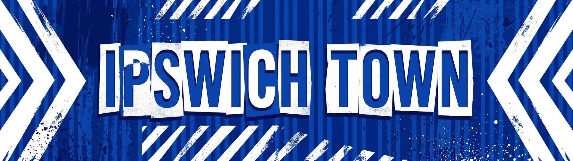 Ipswich Town FC website category banner for Football Stadium Prints featuring 'IPSWICH TOWN' in blue-on-white paper-cut distressed block letters over a vibrant royal blue and white patterned background with Portman Road-inspired stripes.