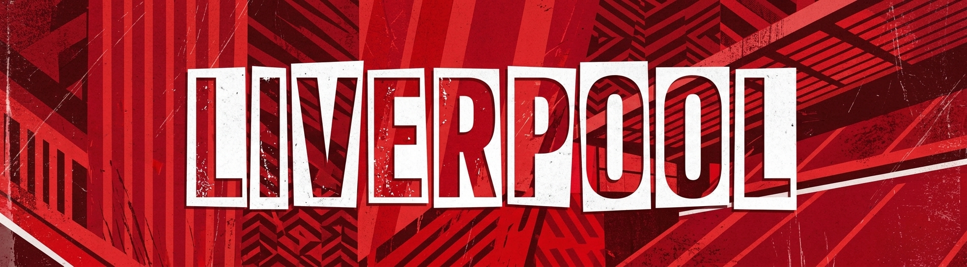 Liverpool FC website category banner for Football Stadium Prints featuring 'LIVERPOOL' in distressed white paper-cut block letters over a vibrant red and dark red patterned background with Anfield-inspired stripes.