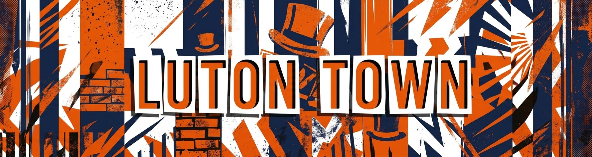 Luton Town football club web banner in orange, navy, and white, featuring the text 'LUTON TOWN' in a bold, layered paper-cut zine style font against a complex geometric collage of stripes, shapes, and hat motifs.