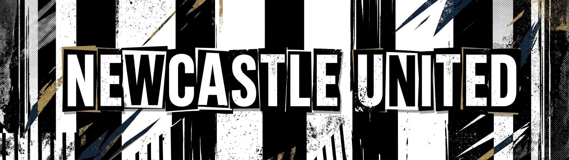 Newcastle United website category banner for Football Stadium Prints featuring 'NEWCASTLE UNITED' in white and black distressed paper-cut block letters over a gritty black and white striped background with textured overlays.