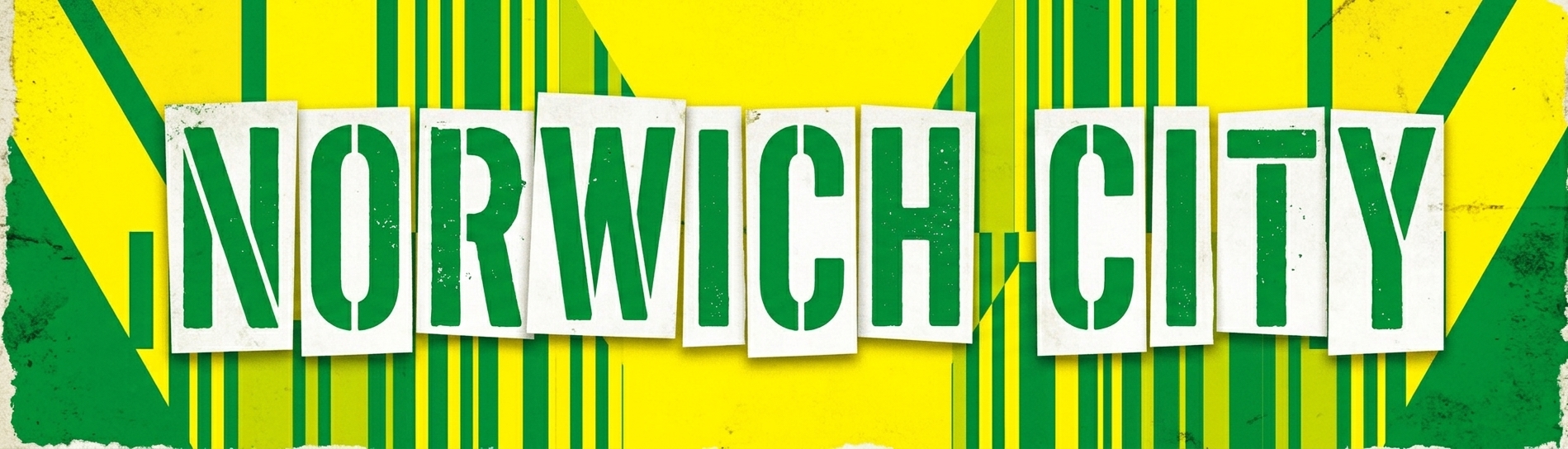 Norwich City FC website category banner for Football Stadium Prints featuring 'NORWICH CITY' in yellow and green, promoting Canaries legends t-shirts and Carrow Road prints.