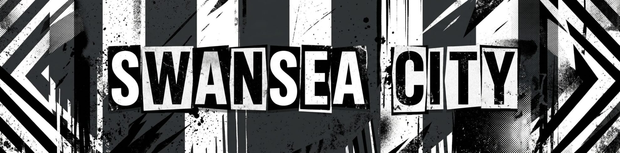 Swansea City FC website category banner for Football Stadium Prints featuring 'SWANSEA CITY' in distressed white and black paper-cut block letters over a gritty black and white patterned background with Swansea.com Stadium-inspired stripes.