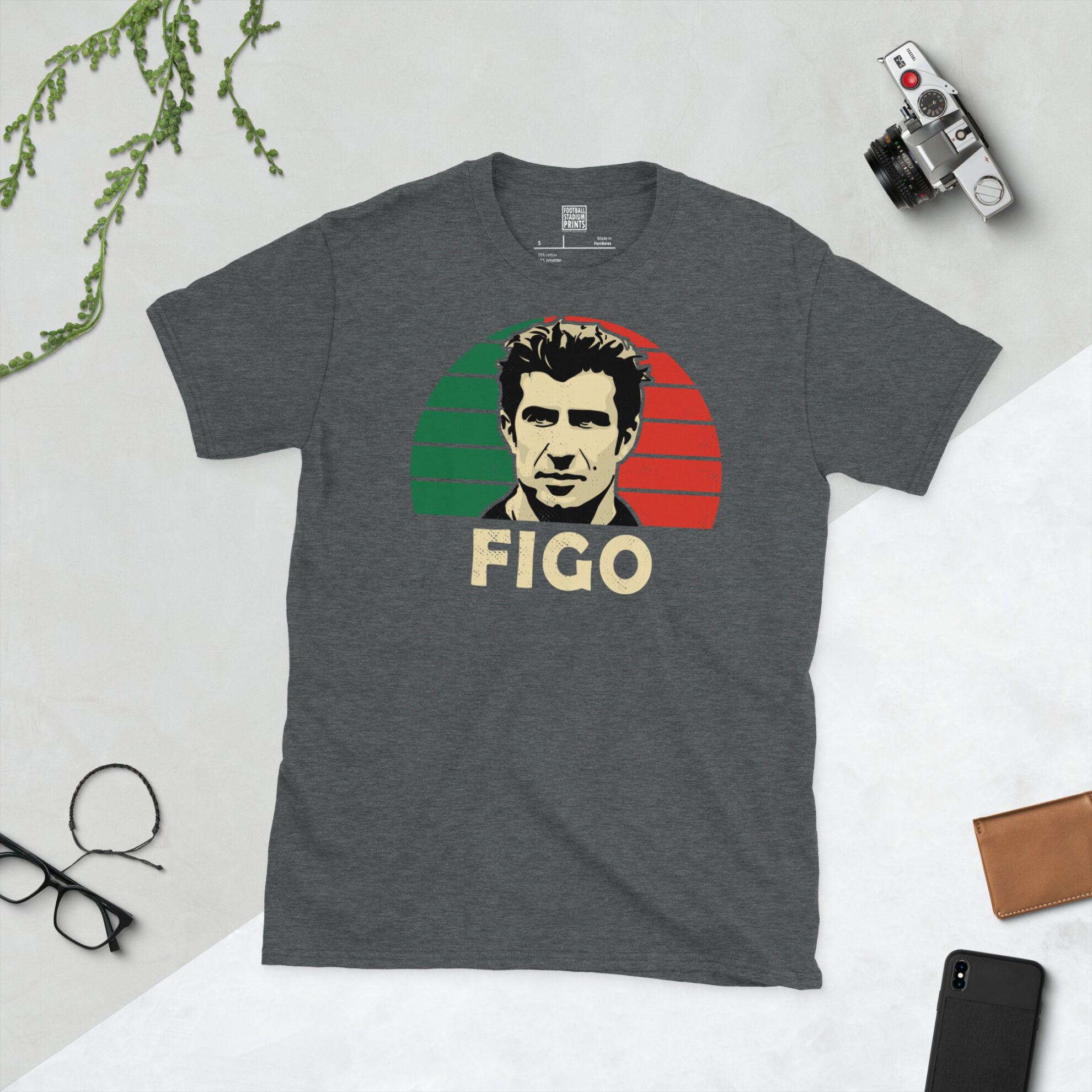 A dark heather grey T-shirt with a vintage-style graphic of Luís Figo, celebrating his legendary international career with Portugal.