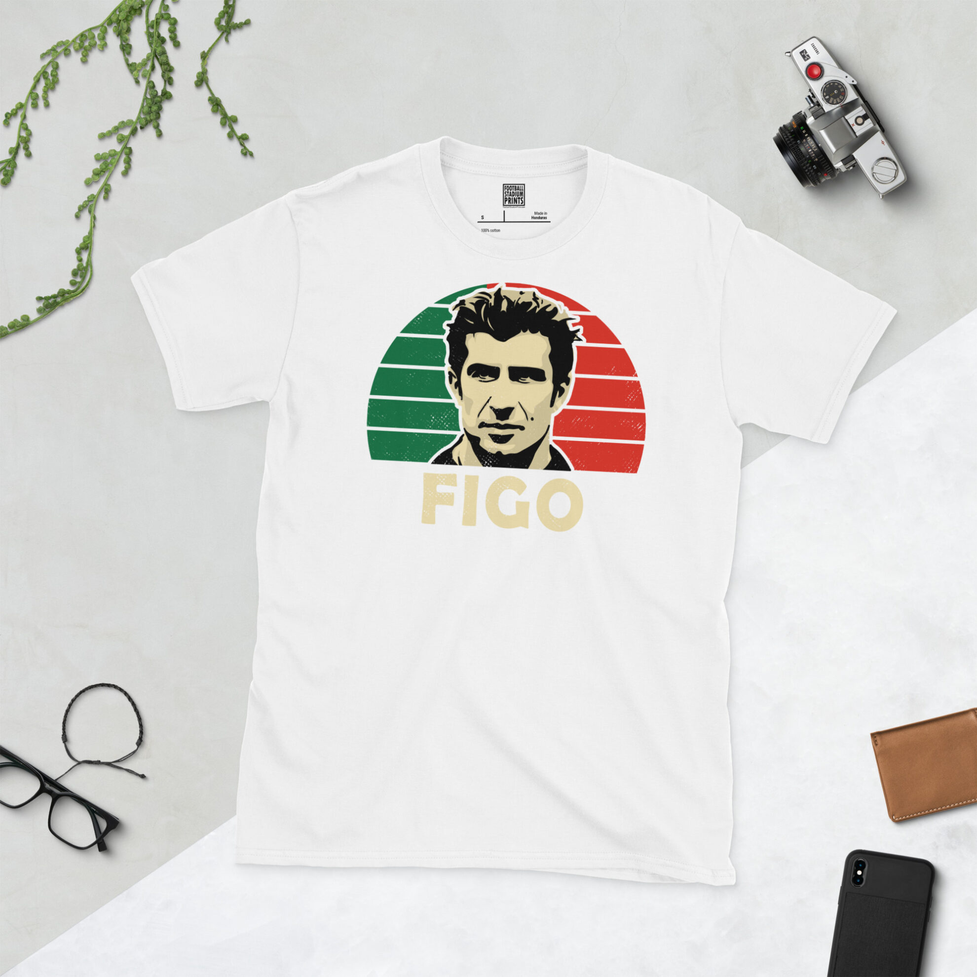 A clean white T-shirt featuring a high-definition distressed print of Ballon d'Or winner Luís Figo in traditional Portuguese national colours.