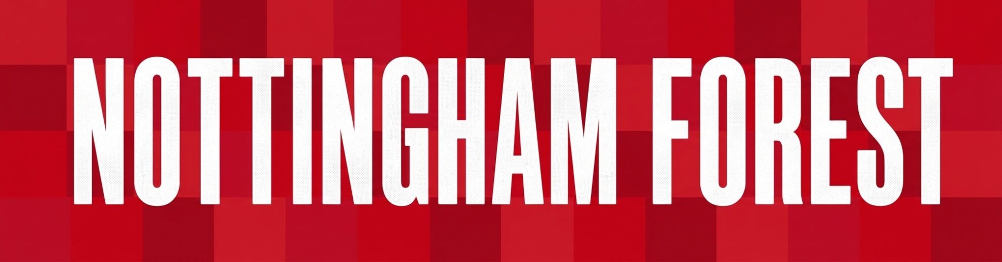 Text-based minimalist category banner for Nottingham Forest prints, featuring the primary red kit color and geometric patterns, in an ultra-wide custom aspect ratio.