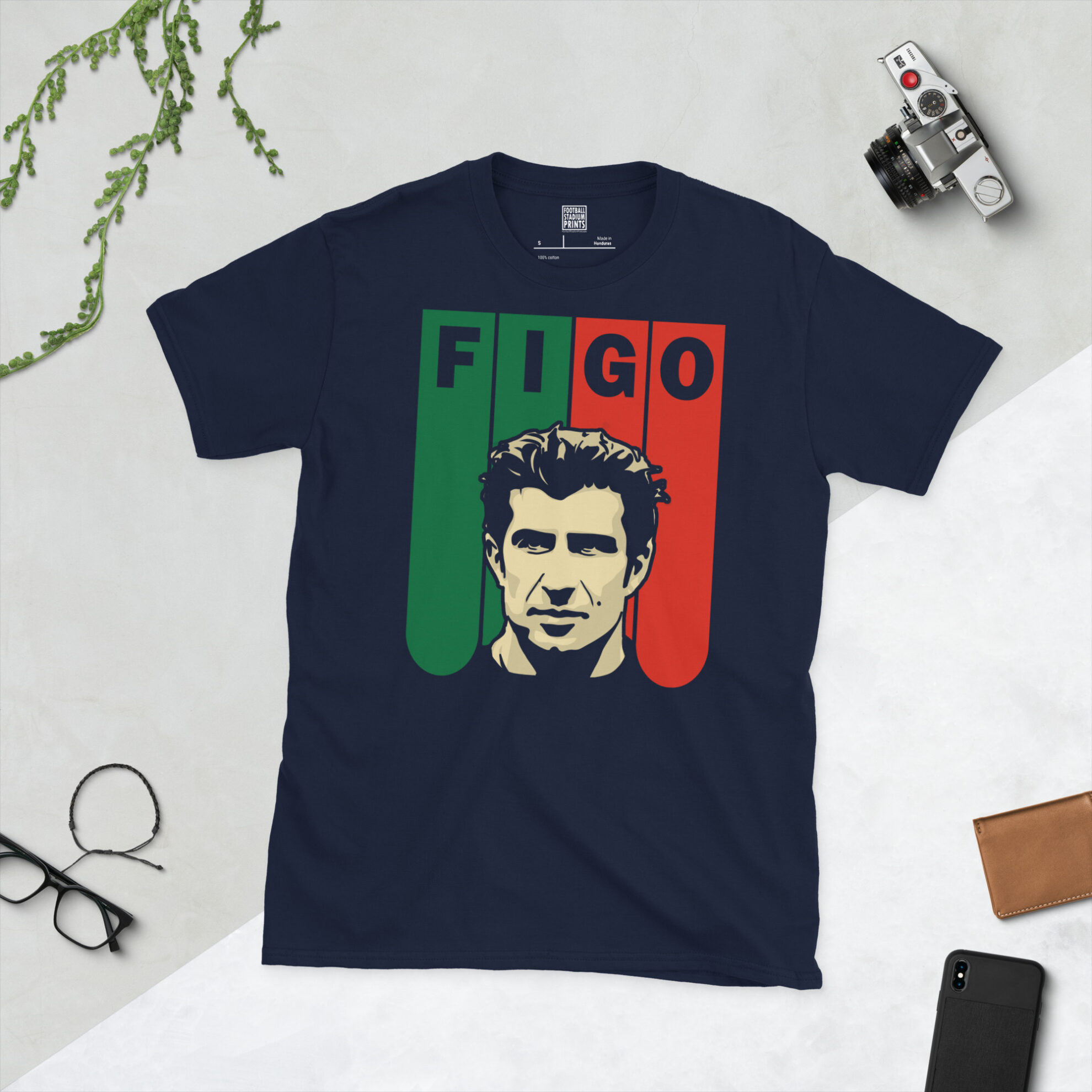 A navy blue T-shirt showcasing a high-contrast illustration of Portuguese icon Luís Figo set against vertical green and red national stripes.