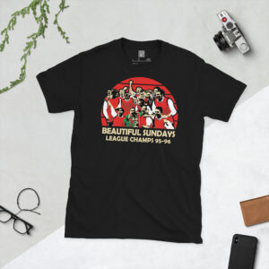 A premium black T-shirt featuring a red sunburst graphic of the Stirling Albion 1995-96 championship-winning team with "BEAUTIFUL SUNDAYS LEAGUE CHAMPS 95-96" lettering.