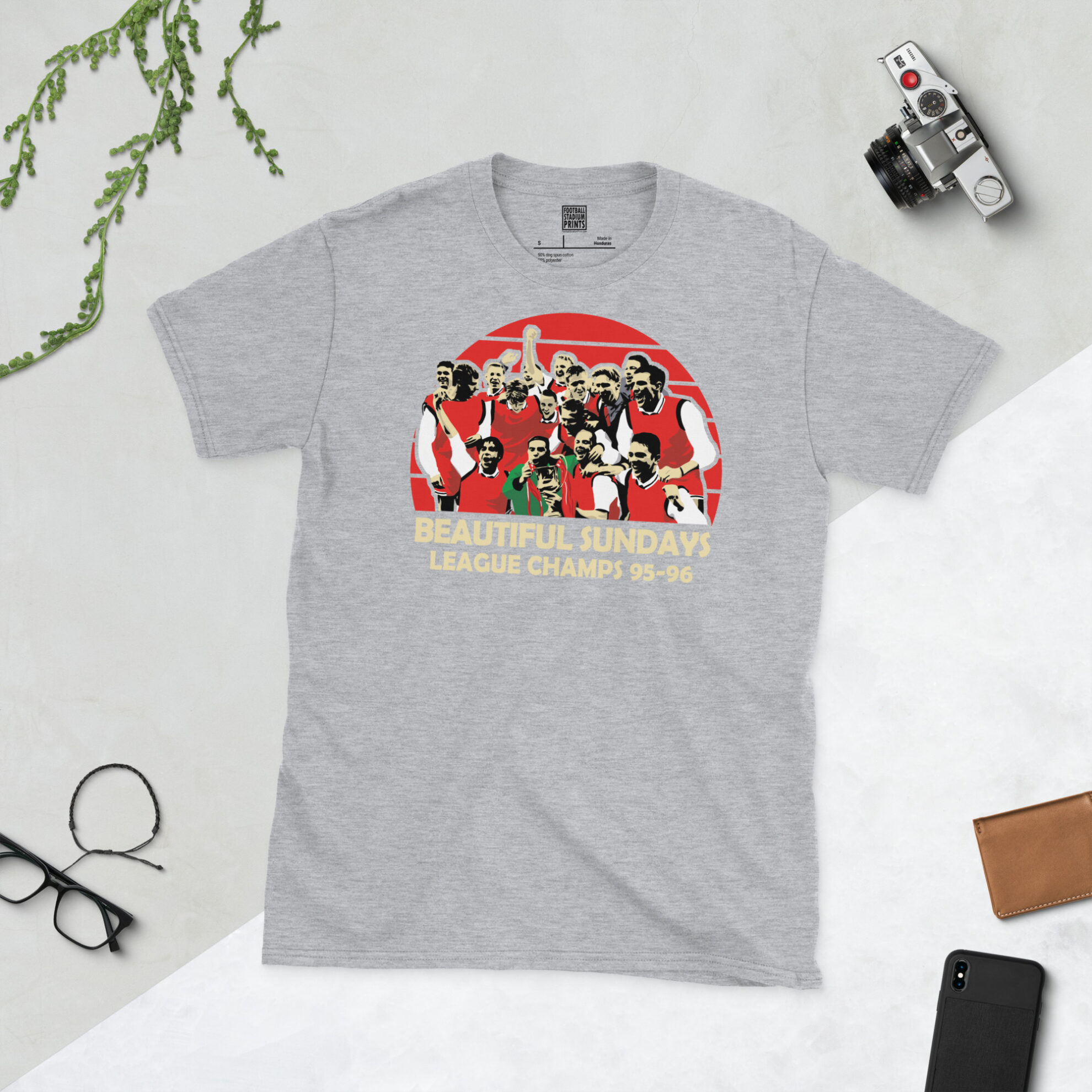 A sports grey T-shirt featuring a bold red sunburst design of Stirling Albion's 1995-96 champions, finished with retro trophy celebration typography.